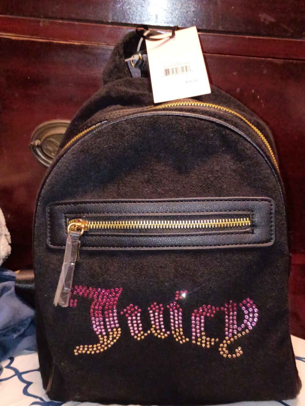 Juicy Couture Black Velvet Mini Backpack with Ombre Crystal Juicy Logo